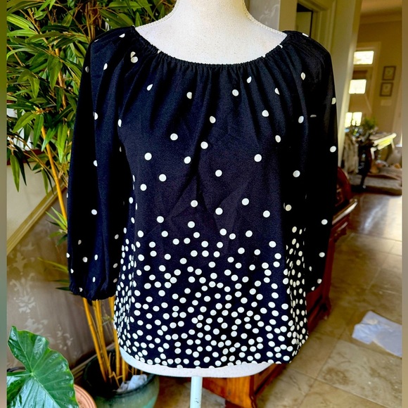 Ann Taylor factory petite XSP NWOT crewneck long sleeve black and white polkadot - Picture 2 of 7